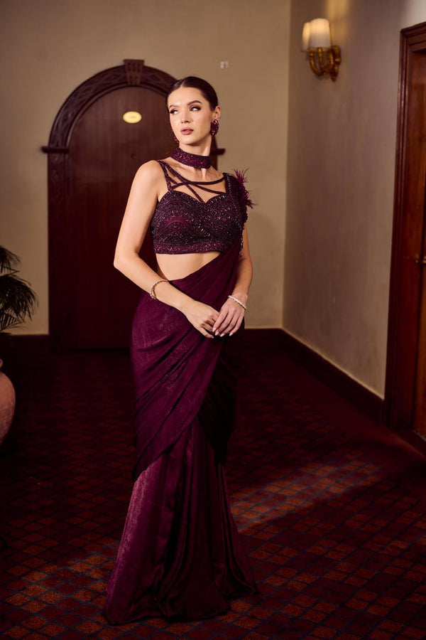 BURGANDY READY-MADE SAREE