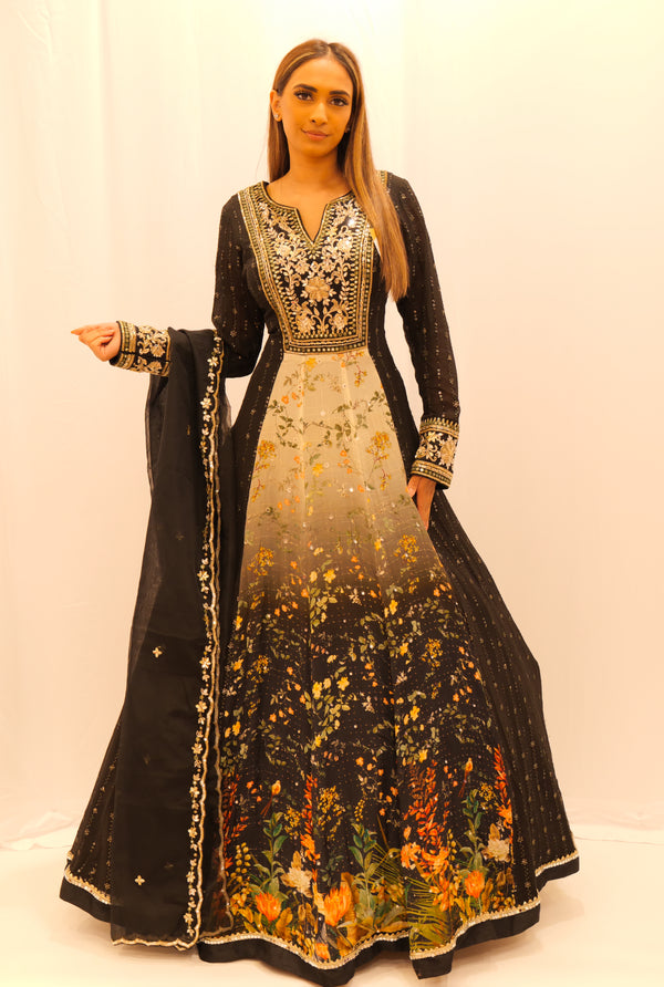 BLACK WITH GREY FLORAL ANARKALI