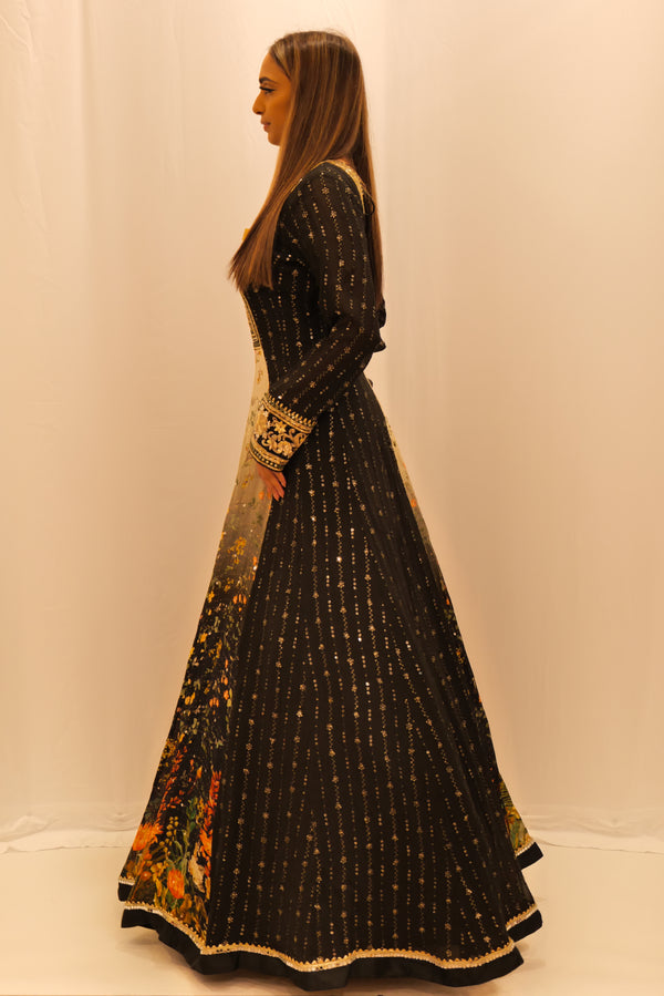 BLACK WITH GREY FLORAL ANARKALI
