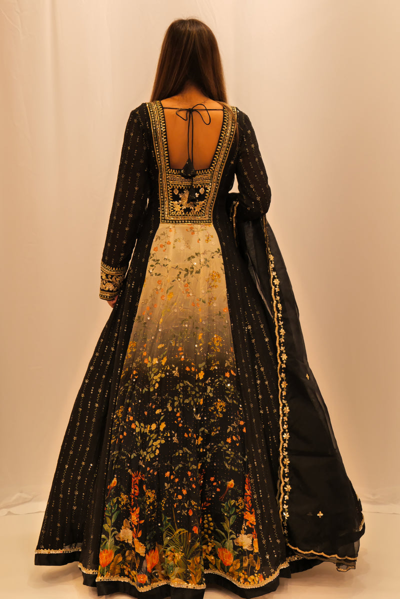 BLACK WITH GREY FLORAL ANARKALI
