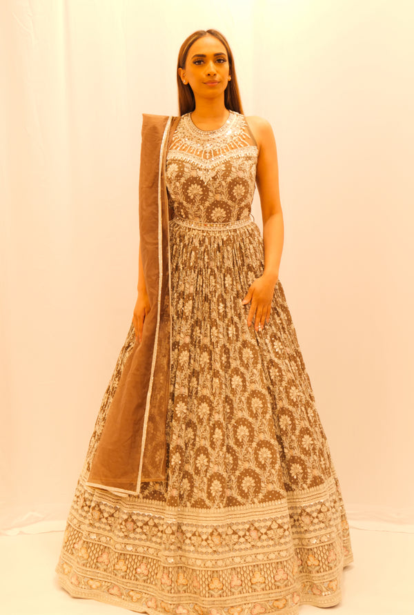 BROWN WITH WHITE THREAD ANARKALI