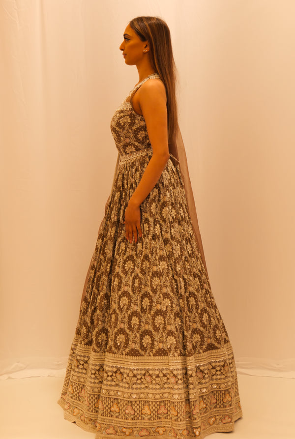 BROWN WITH WHITE THREAD ANARKALI