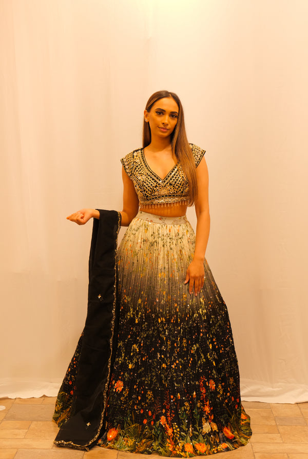 OMBRÈ BLACK FLORAL LEHENGA