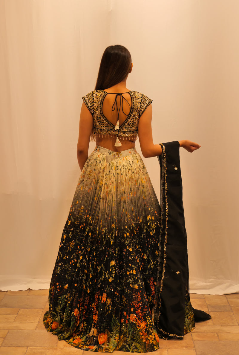 OMBRÈ BLACK FLORAL LEHENGA