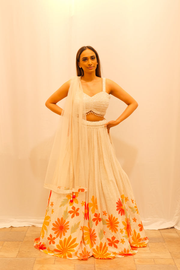 IVORY PRINTED LEHENGA WITH PEARL BLOUSE