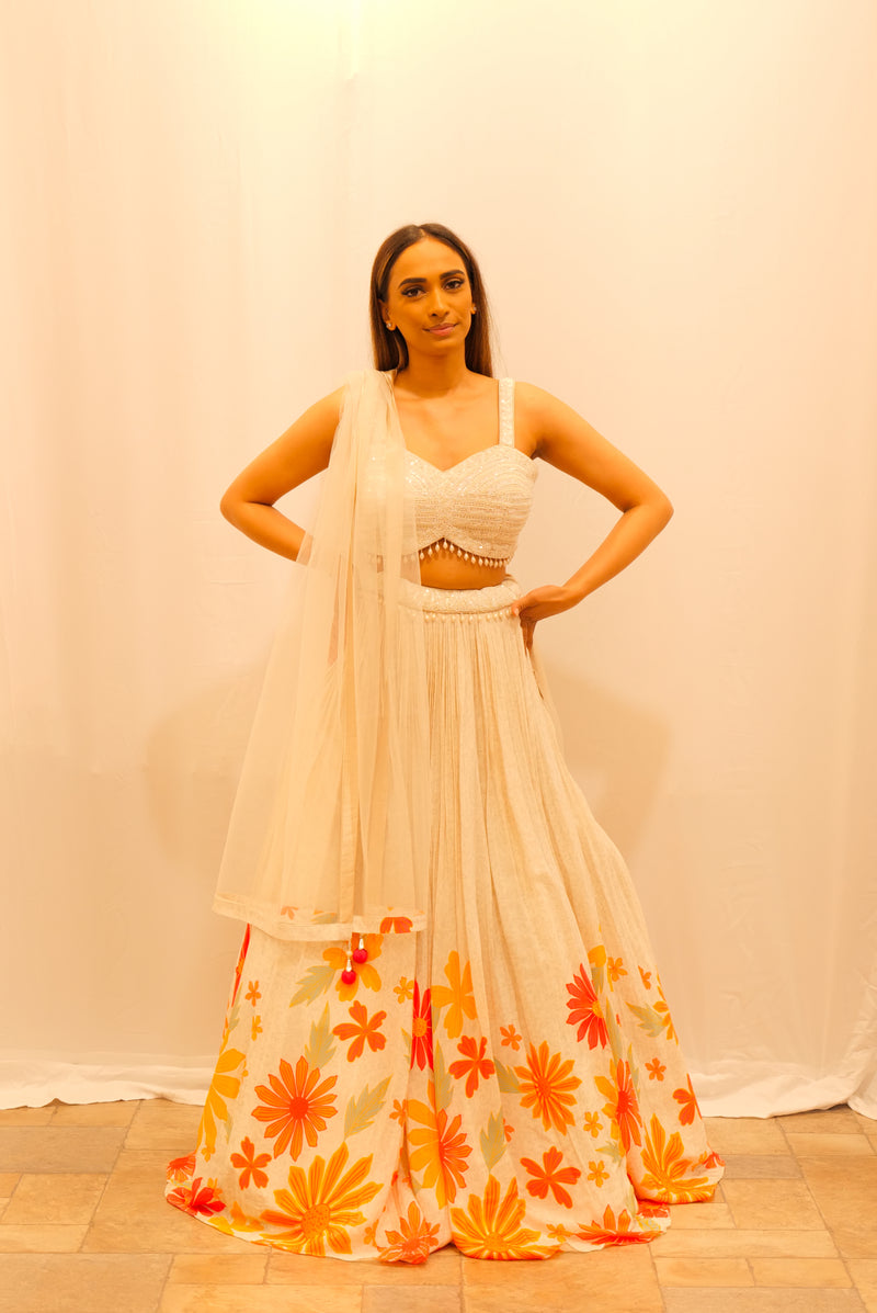 IVORY PRINTED LEHENGA WITH PEARL BLOUSE