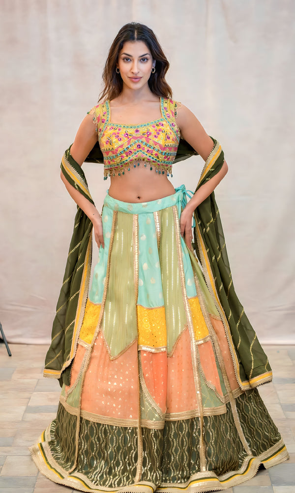 MULTI PANEL SKIRT WITH EMBROIDERED BLOUSE