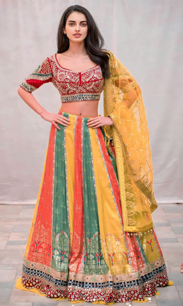 MULTICOLOR PANNEL SKIRT WITH EMBROIDERED TOP