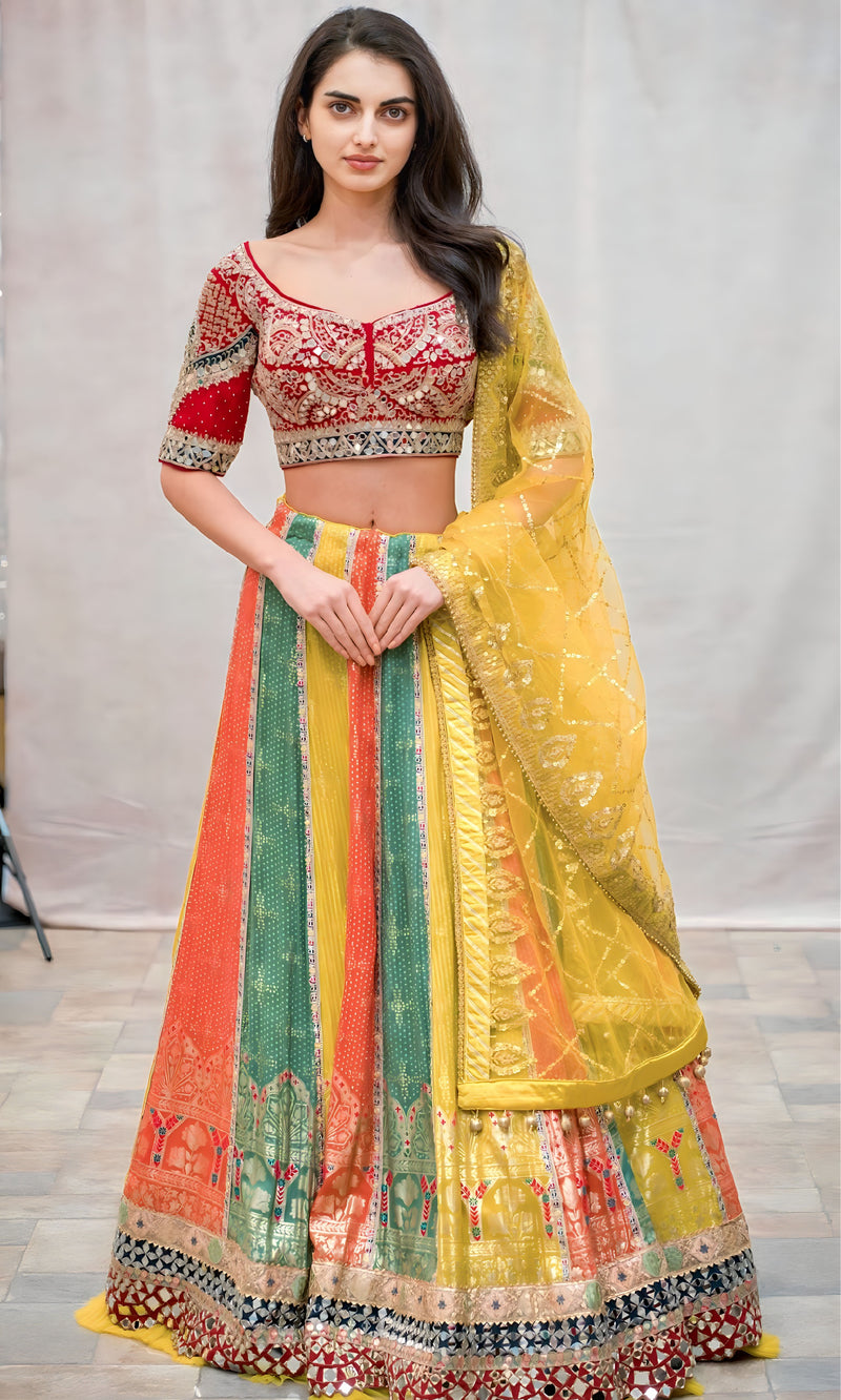 MULTICOLOR PANNEL SKIRT WITH EMBROIDERED TOP