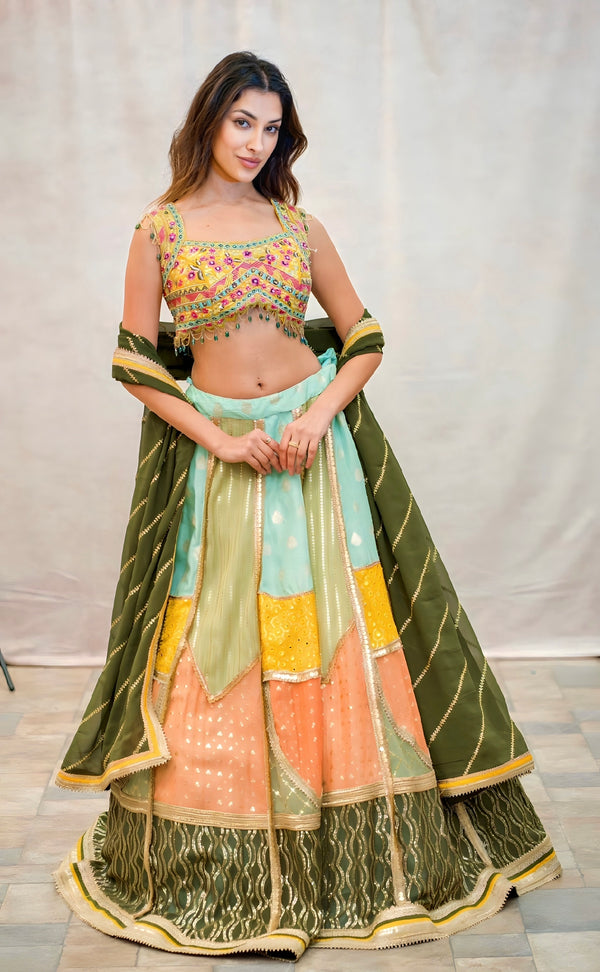 MULTI PANEL SKIRT WITH EMBROIDERED BLOUSE
