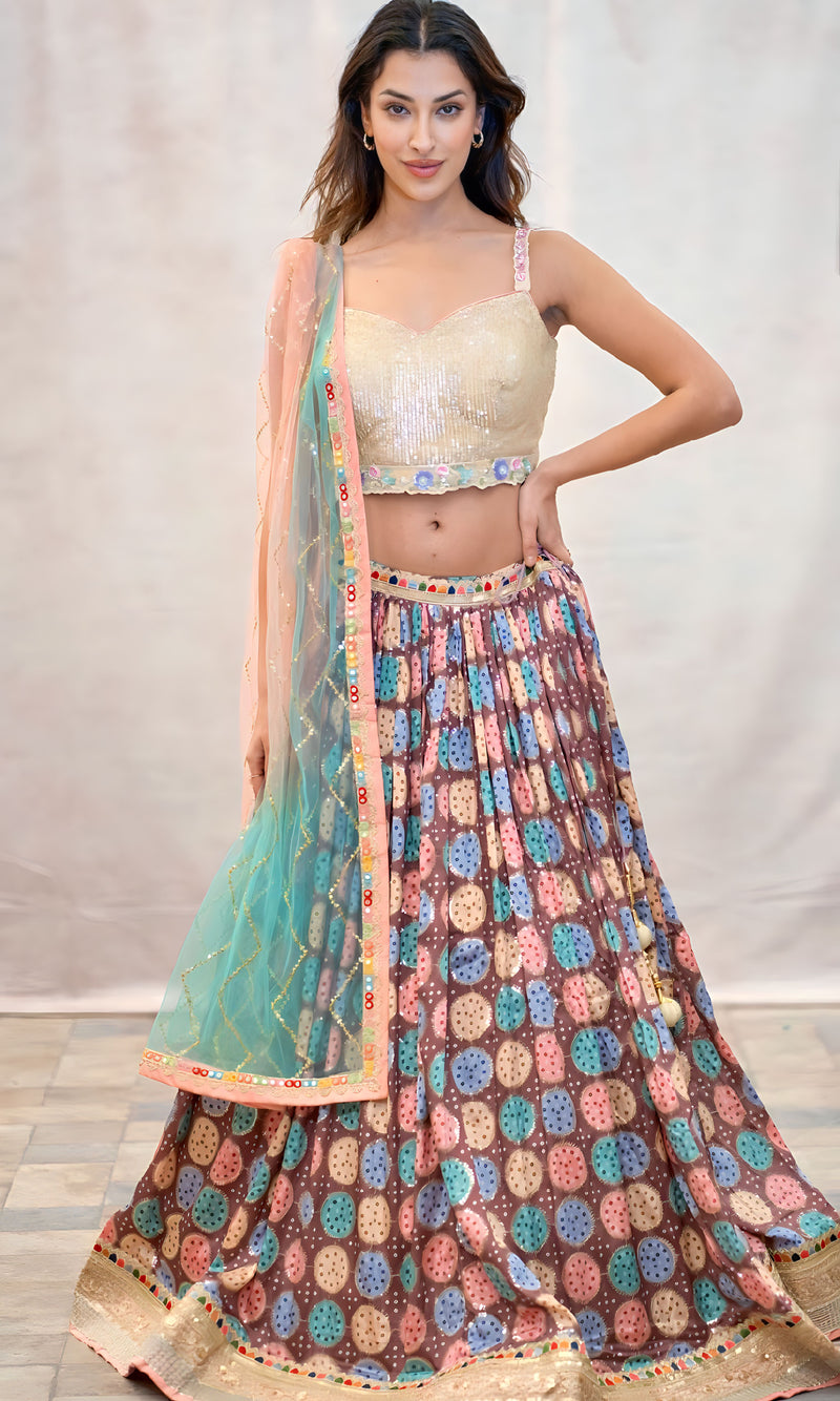 MULTI LEHENGA WITH GOLD SEQUIN BLOUSE