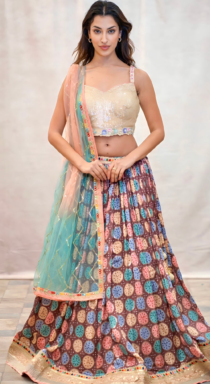 MULTI LEHENGA WITH GOLD SEQUIN BLOUSE