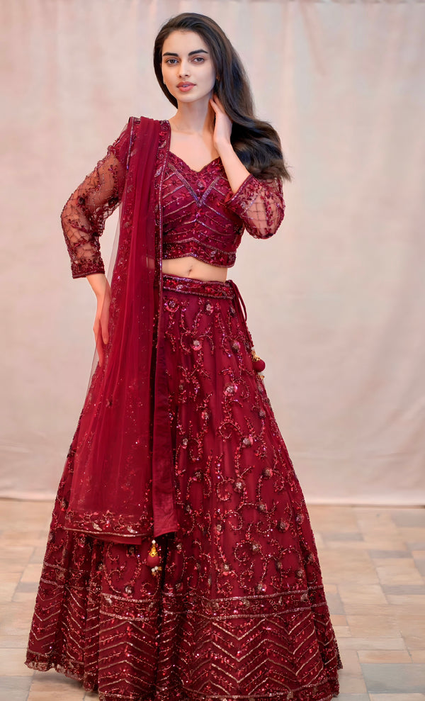 BURGUNDY SEQUINS LEHENGA