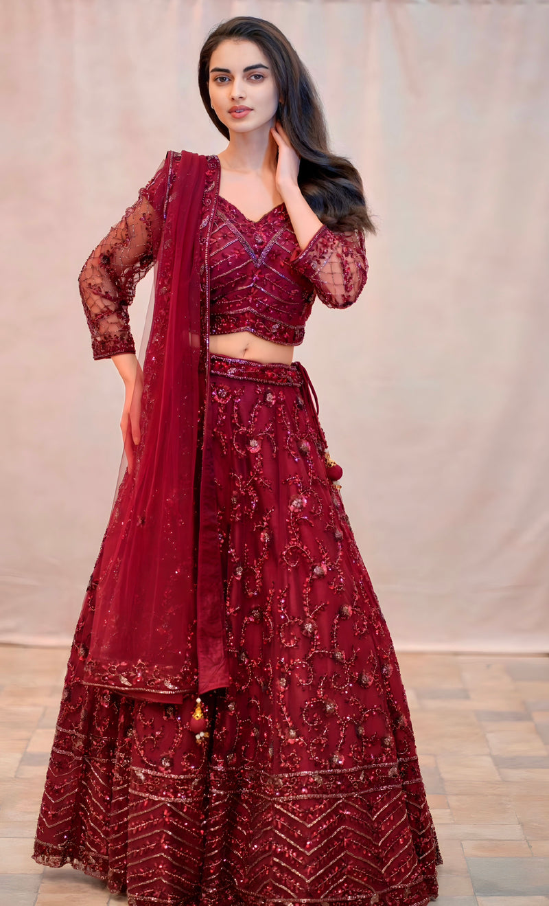 BURGUNDY SEQUINS LEHENGA