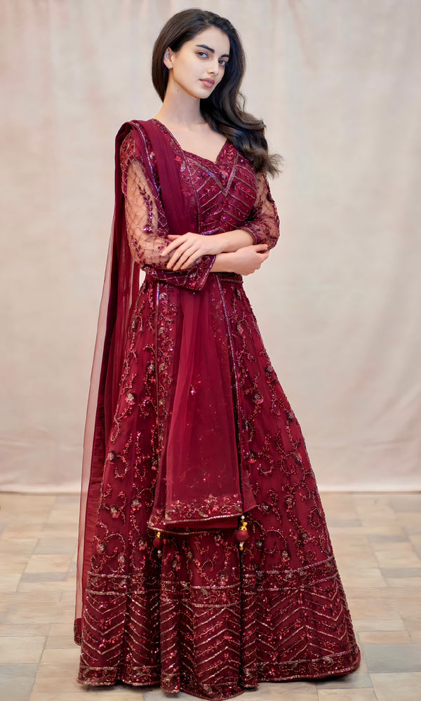 BURGUNDY SEQUINS LEHENGA