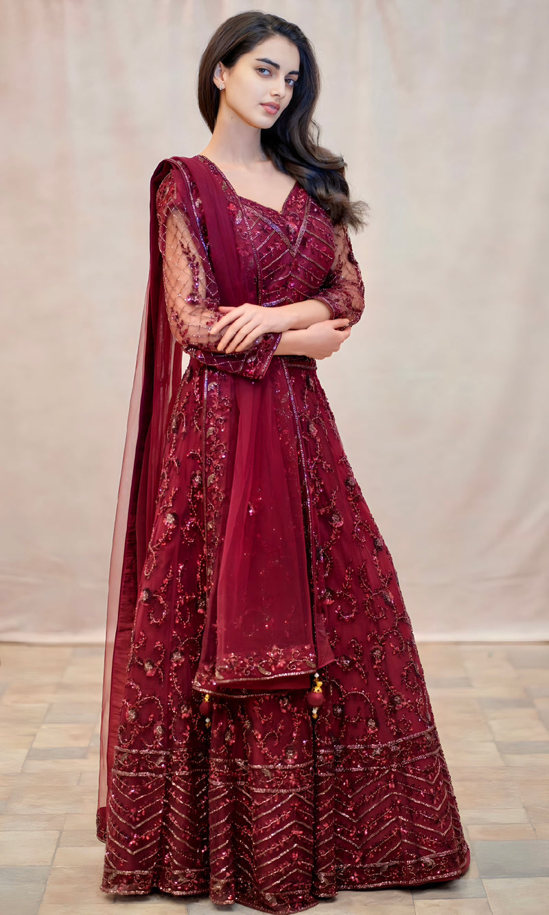 BURGUNDY SEQUINS LEHENGA