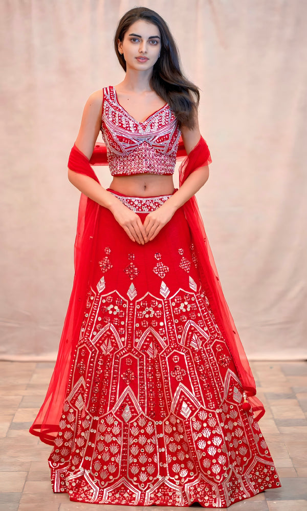 RED MIRROR LEHENGA