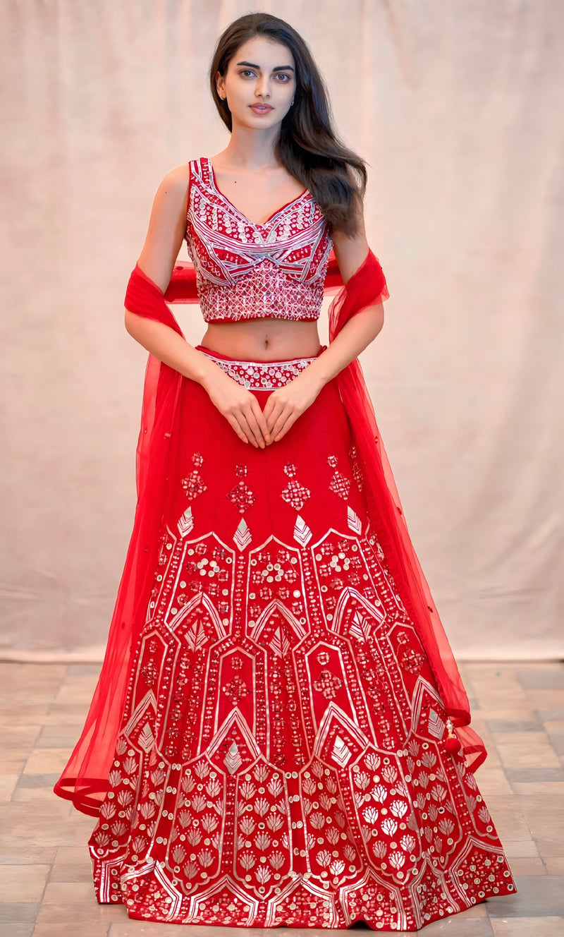 RED MIRROR LEHENGA
