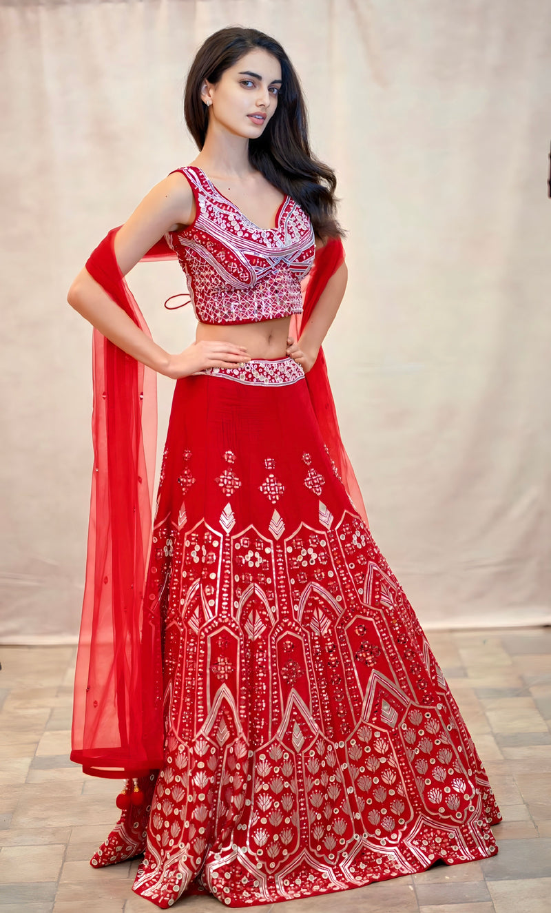RED MIRROR LEHENGA