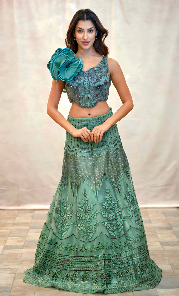 SEA GREEN LEHENGA WITH RUFFLE BLOUSE