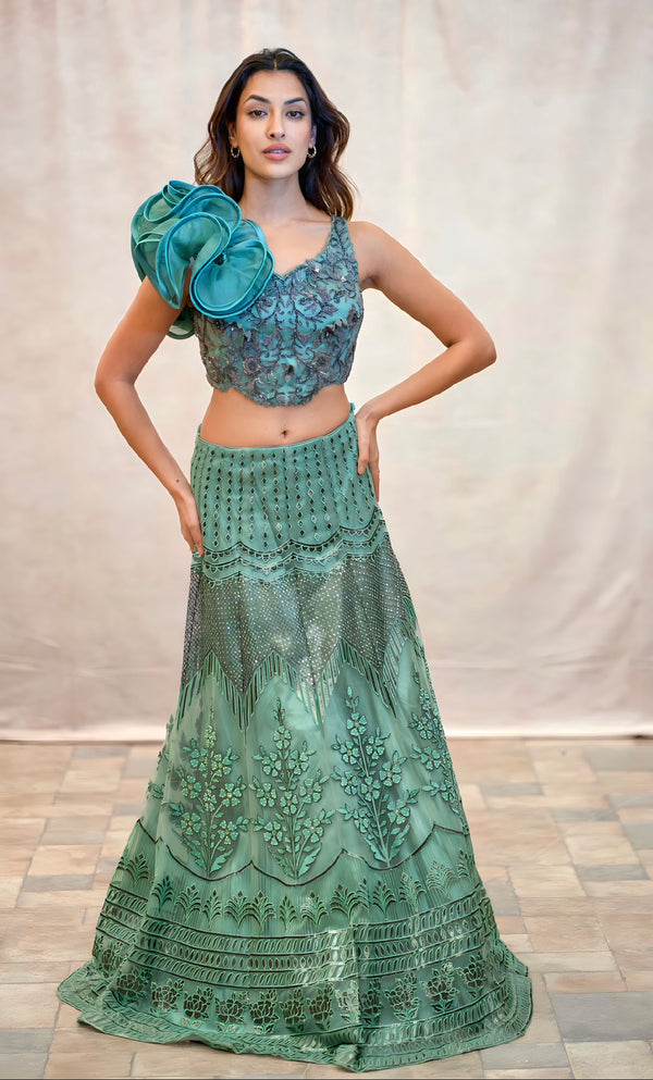 SEA GREEN LEHENGA WITH RUFFLE BLOUSE
