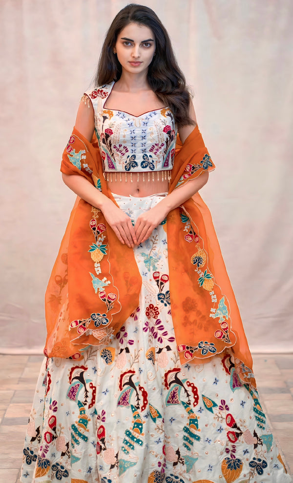 WHITE MULTI EMBROIDERED LEHENGA WITH CONTRAST DUPUTTA