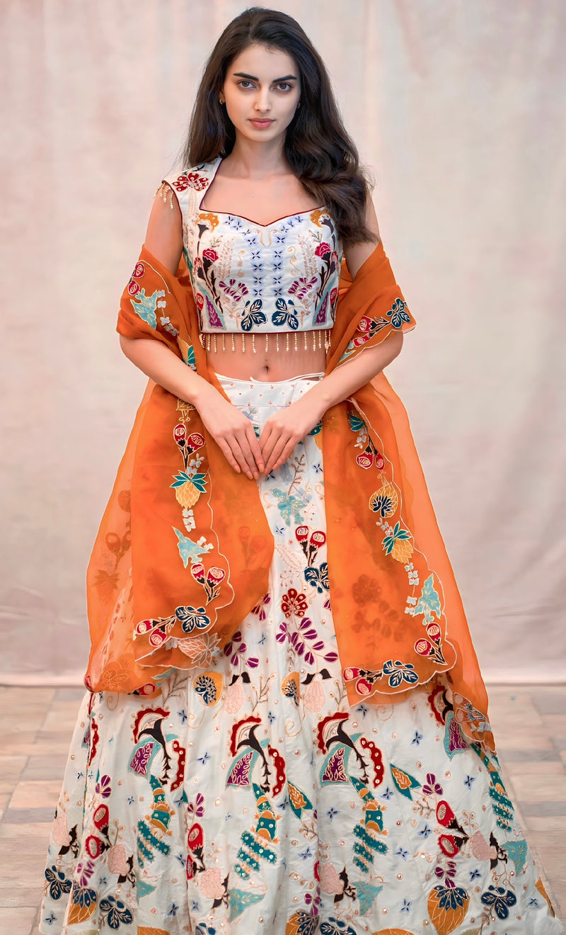 WHITE MULTI EMBROIDERED LEHENGA WITH CONTRAST DUPUTTA