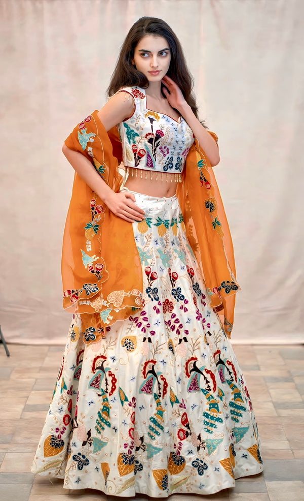 WHITE MULTI EMBROIDERED LEHENGA WITH CONTRAST DUPUTTA