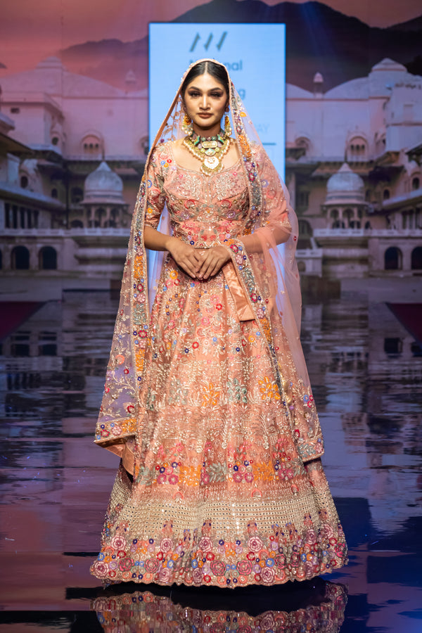 PEACH MULTI EMBROIDERY BRIDAL LEHENGA