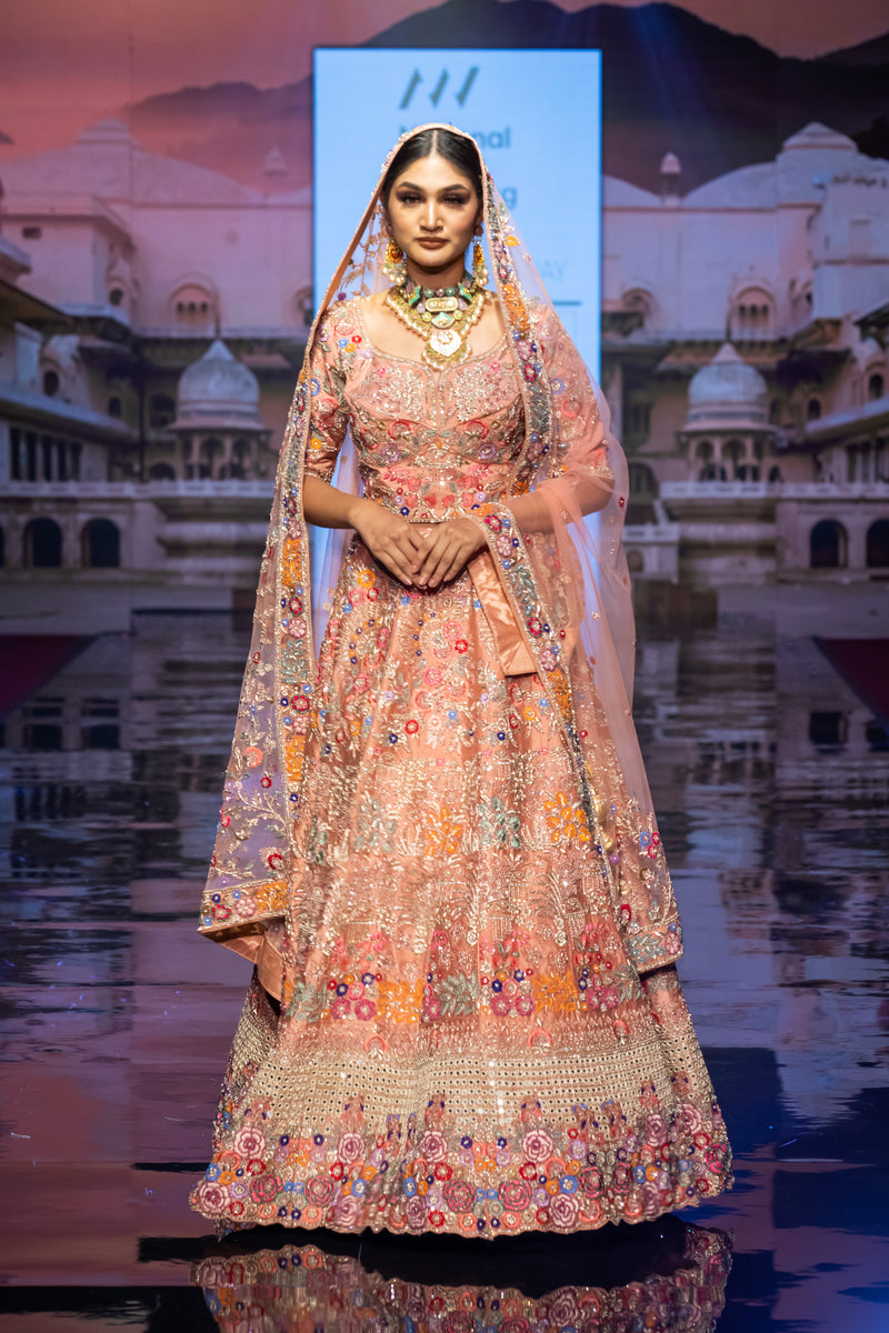 PEACH MULTI EMBROIDERY BRIDAL LEHENGA