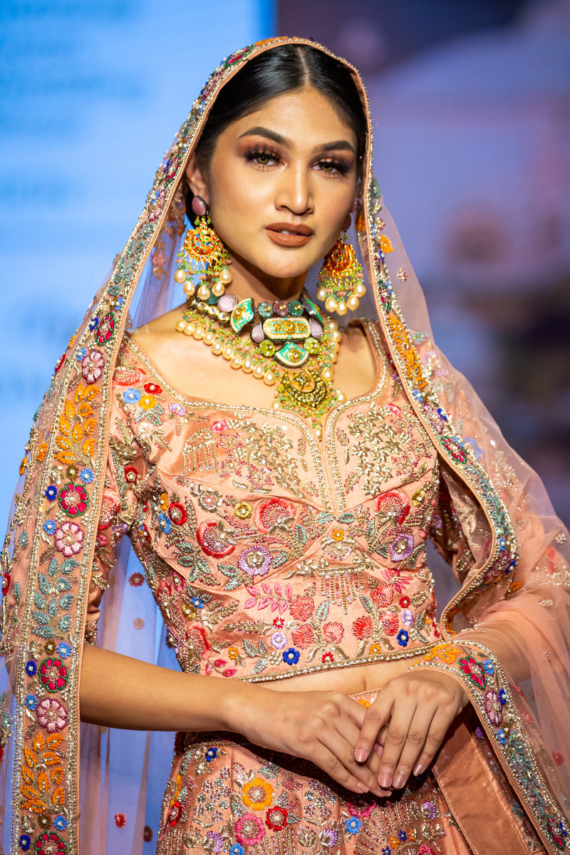 PEACH MULTI EMBROIDERY BRIDAL LEHENGA