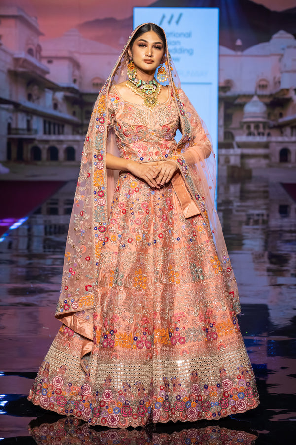 PEACH MULTI EMBROIDERY BRIDAL LEHENGA