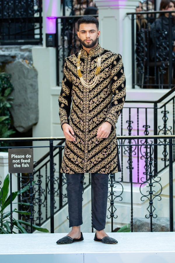 BLACK VELVET WITH GOLD SHERWANI