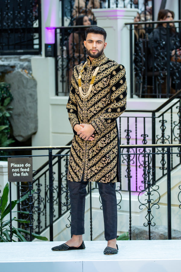 BLACK VELVET WITH GOLD SHERWANI