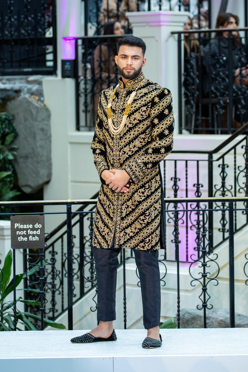 BLACK VELVET WITH GOLD SHERWANI