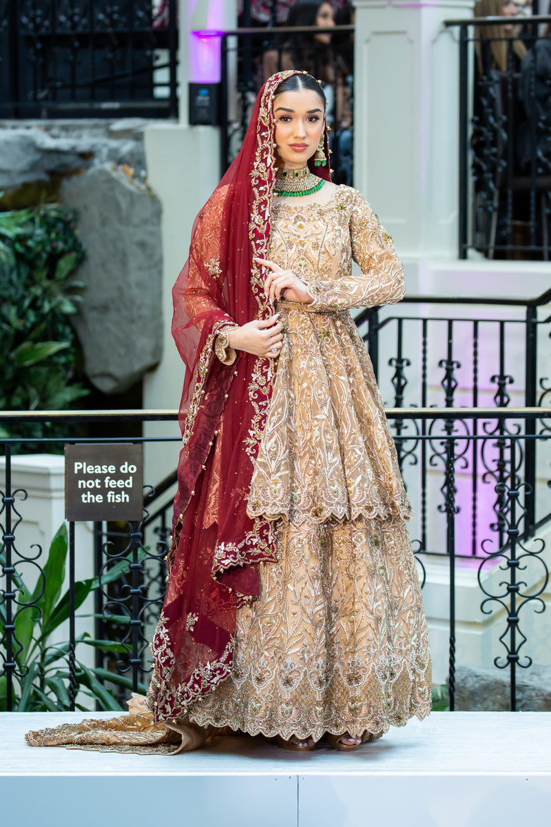 GOLD WITH MAROON CONTRAST PEPLUM LEHENGA