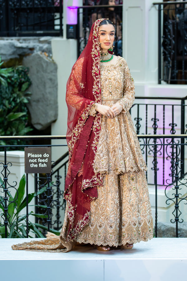 GOLD WITH MAROON CONTRAST PEPLUM LEHENGA