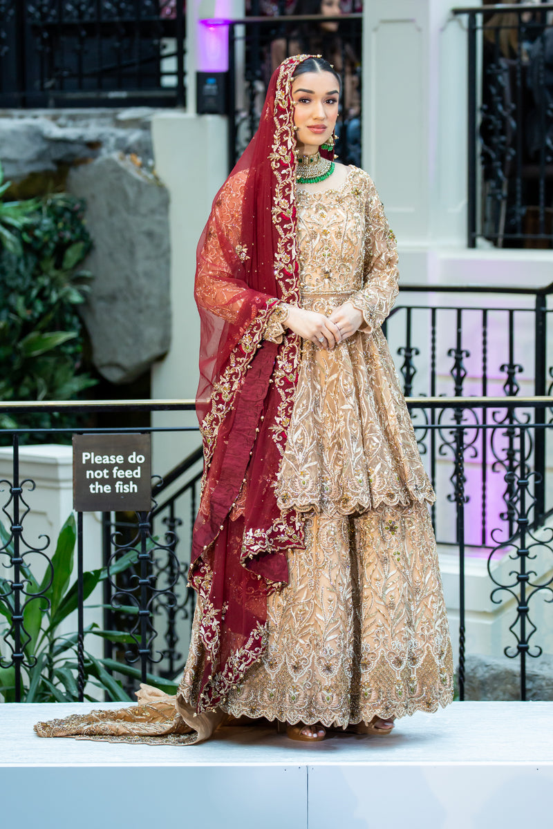 GOLD WITH MAROON CONTRAST PEPLUM LEHENGA