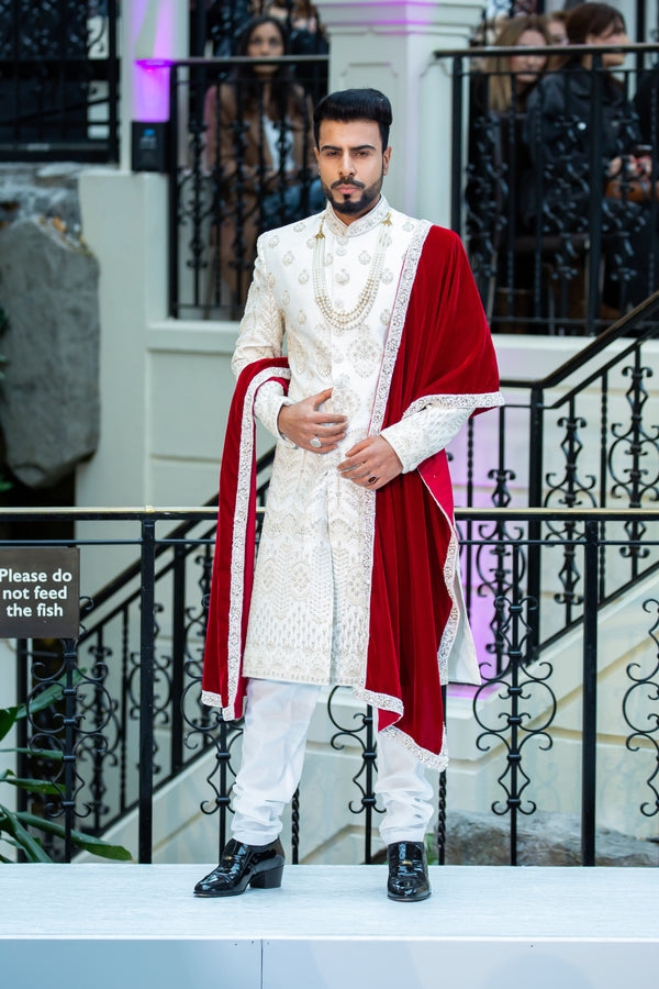 NEUTRAL SHERWANI WITH RED VELVET PALA