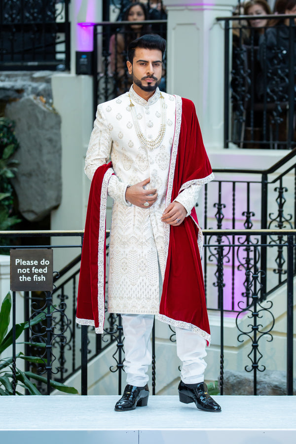 NEUTRAL SHERWANI WITH RED VELVET PALA