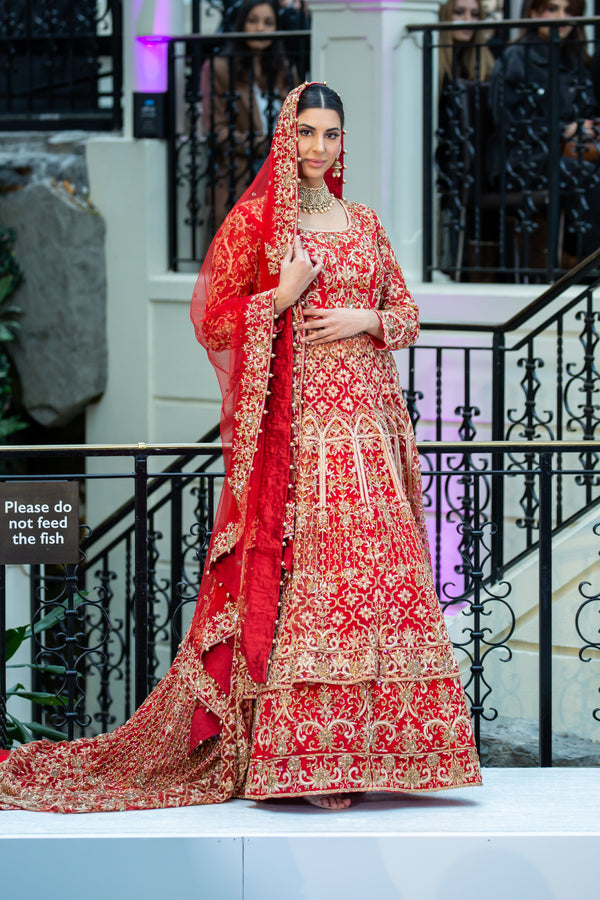RED WITH GOLD LONG TOP LEHENGA