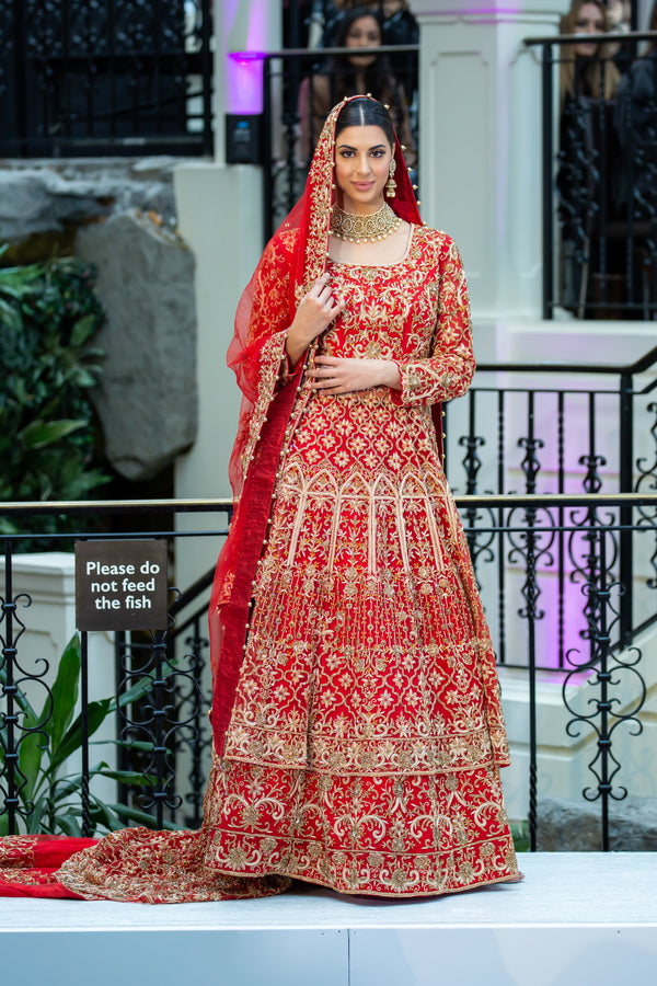 RED WITH GOLD LONG TOP LEHENGA