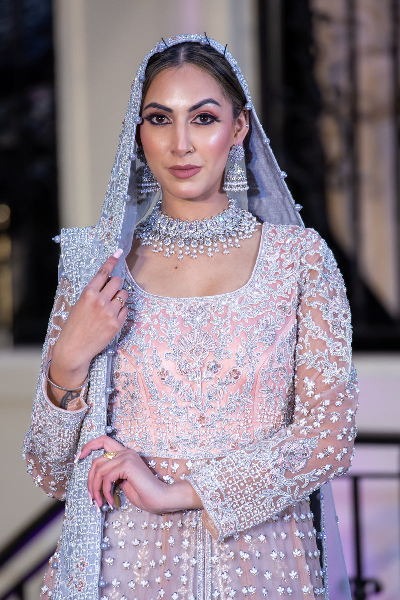 PEACH WITH GREY HUES TRAIL BRIDAL LEHENGA