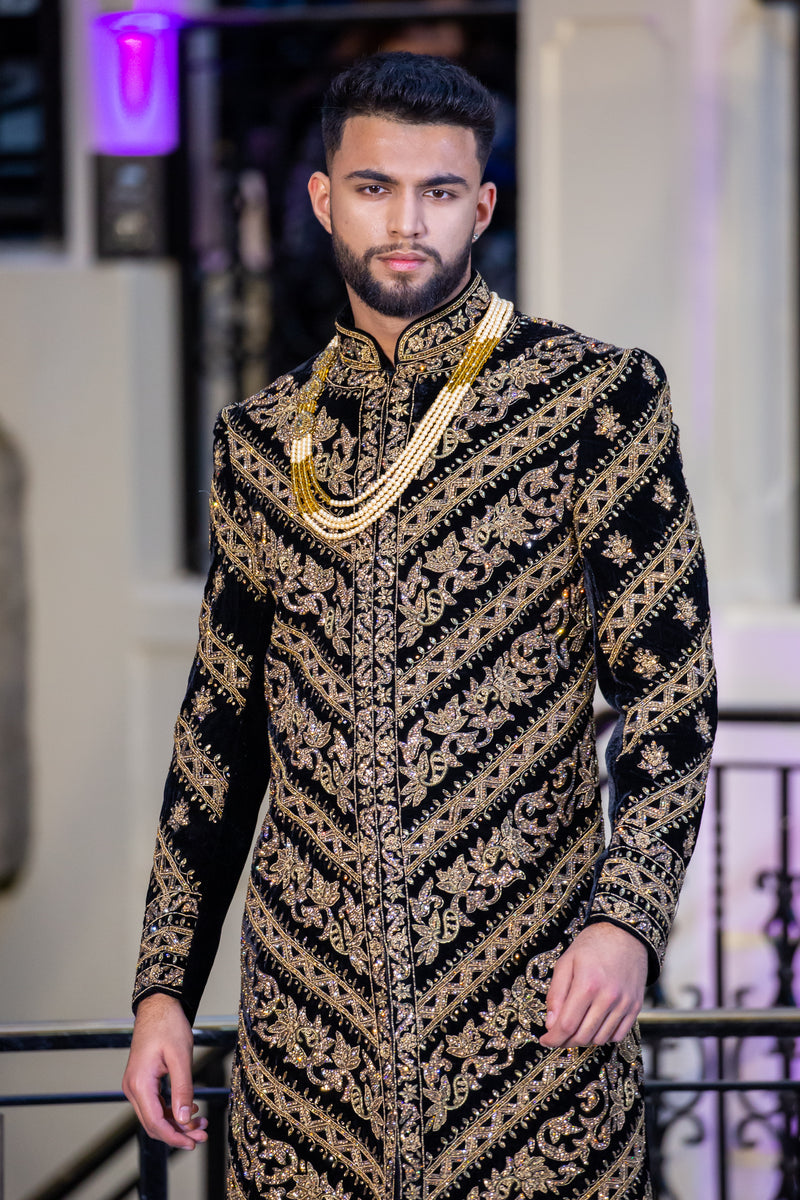 BLACK VELVET WITH GOLD SHERWANI