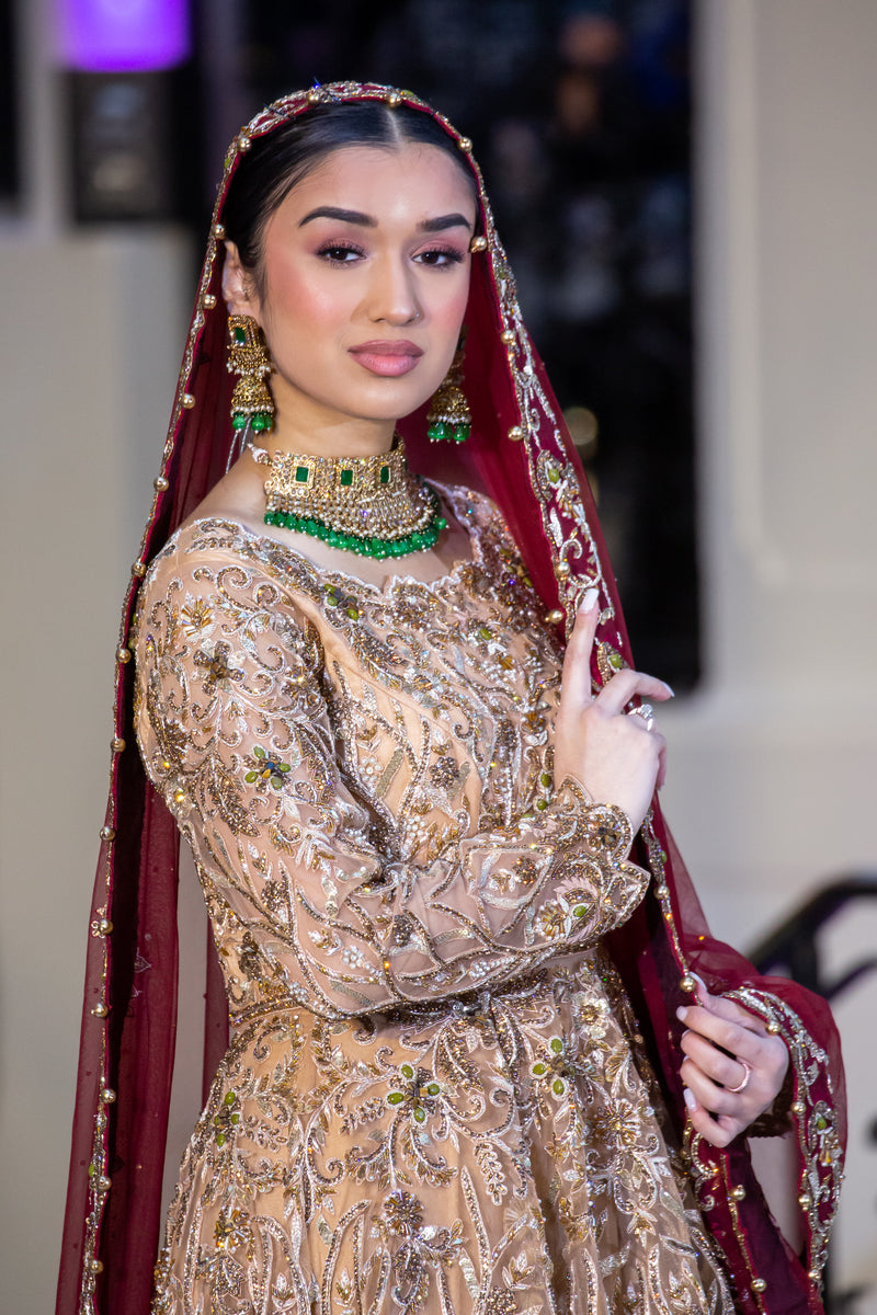 GOLD WITH MAROON CONTRAST PEPLUM LEHENGA