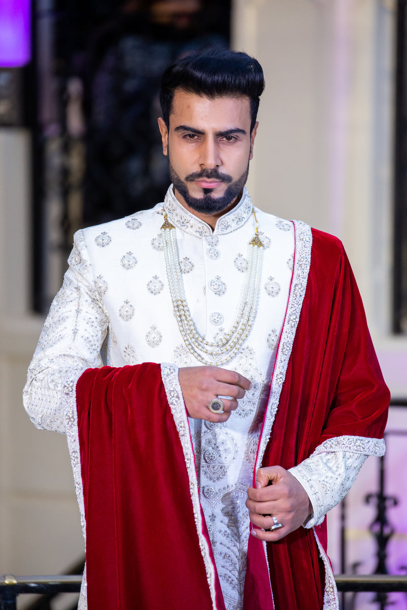 NEUTRAL SHERWANI WITH RED VELVET PALA