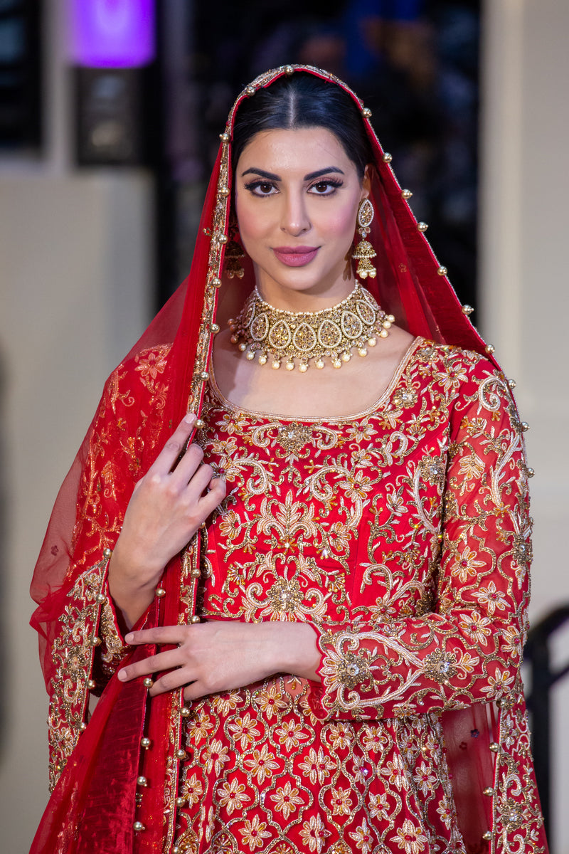 RED WITH GOLD LONG TOP LEHENGA
