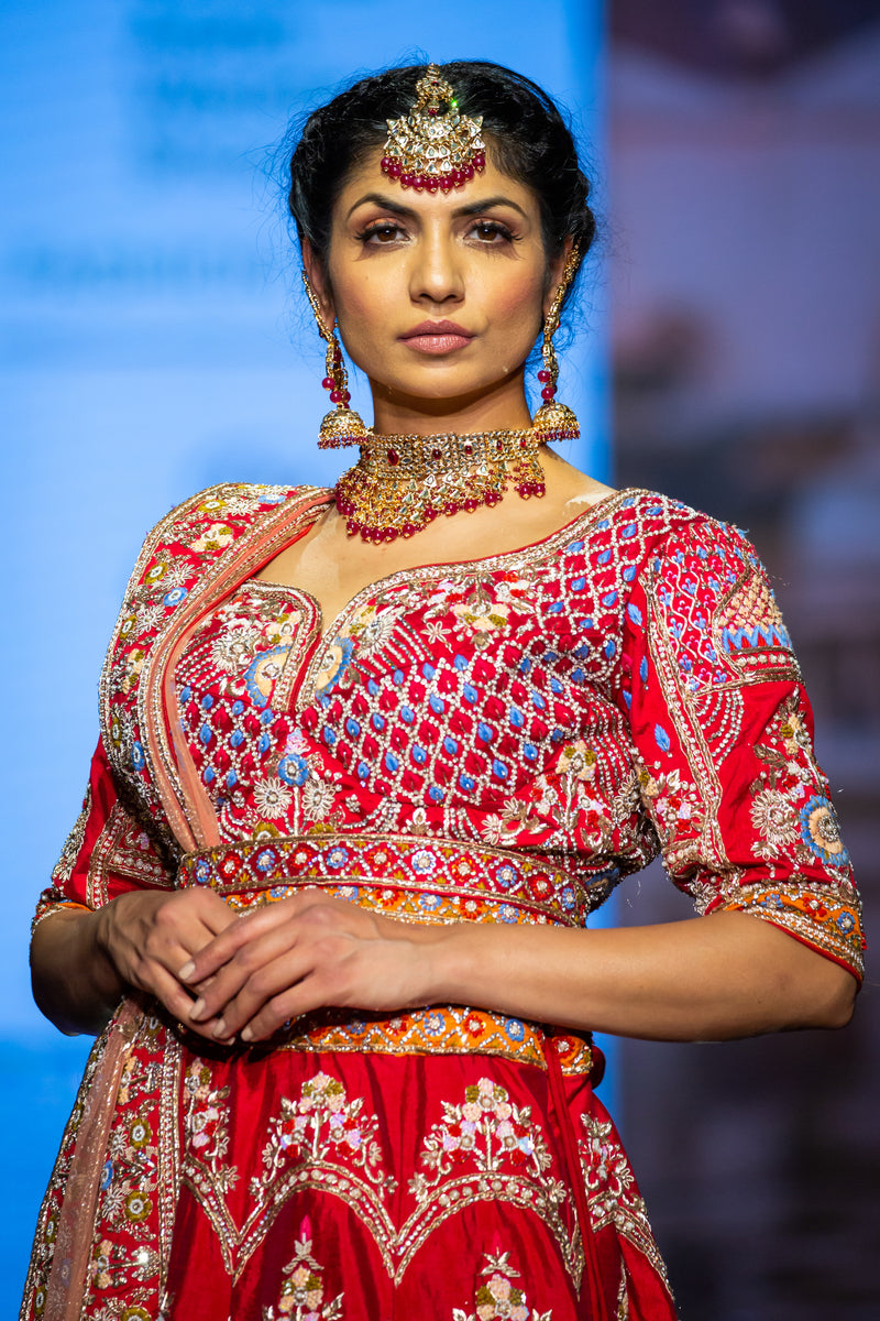 RED MULTI EMBROIDERY BRIDAL LEHENGA