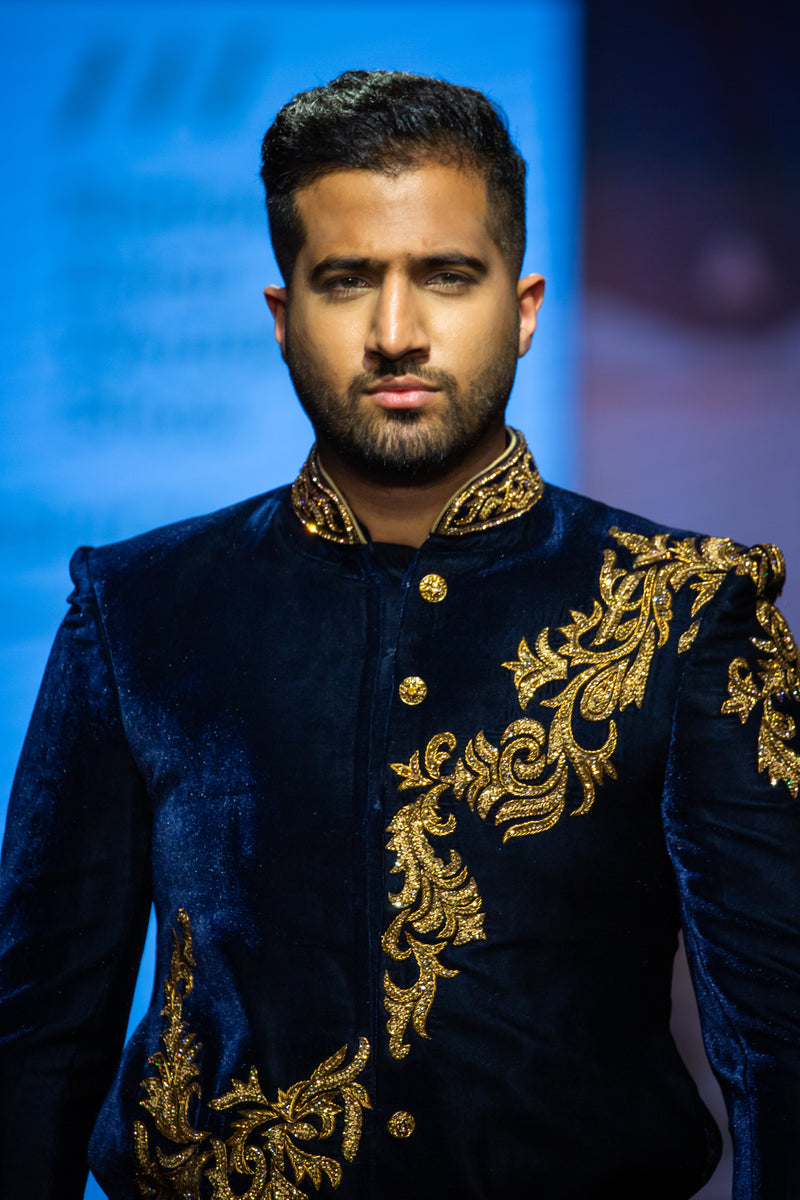 BLUE VELVET WITH GOLD EMBROIDERY SHERWANI