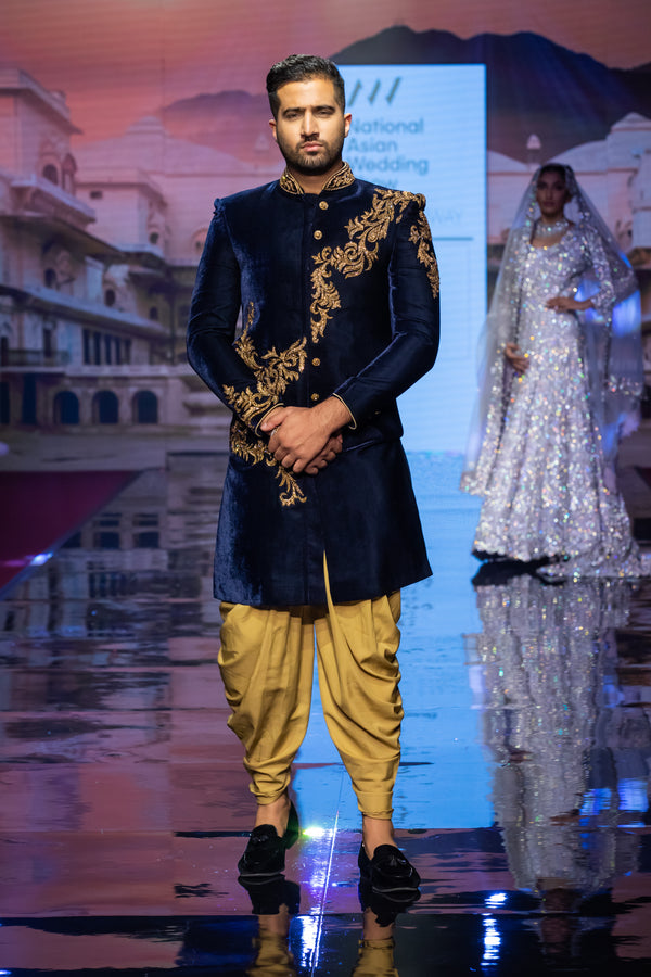 BLUE VELVET WITH GOLD EMBROIDERY SHERWANI